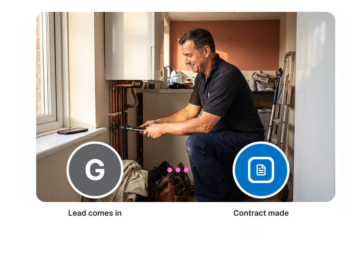 Home services workspace showing a new lead becoming a prepared contract