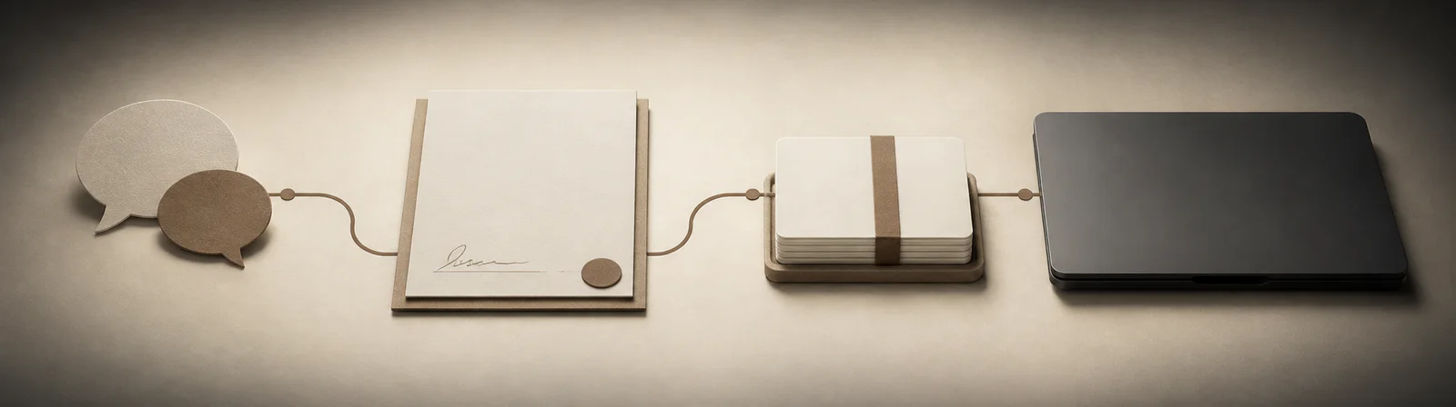 Conversation, signed document, briefing cards, and laptop connected as a delivery-ready agency handoff