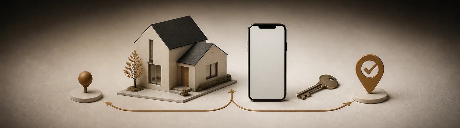House, phone, key, and appointment marker connected by a real-estate lead follow-up route